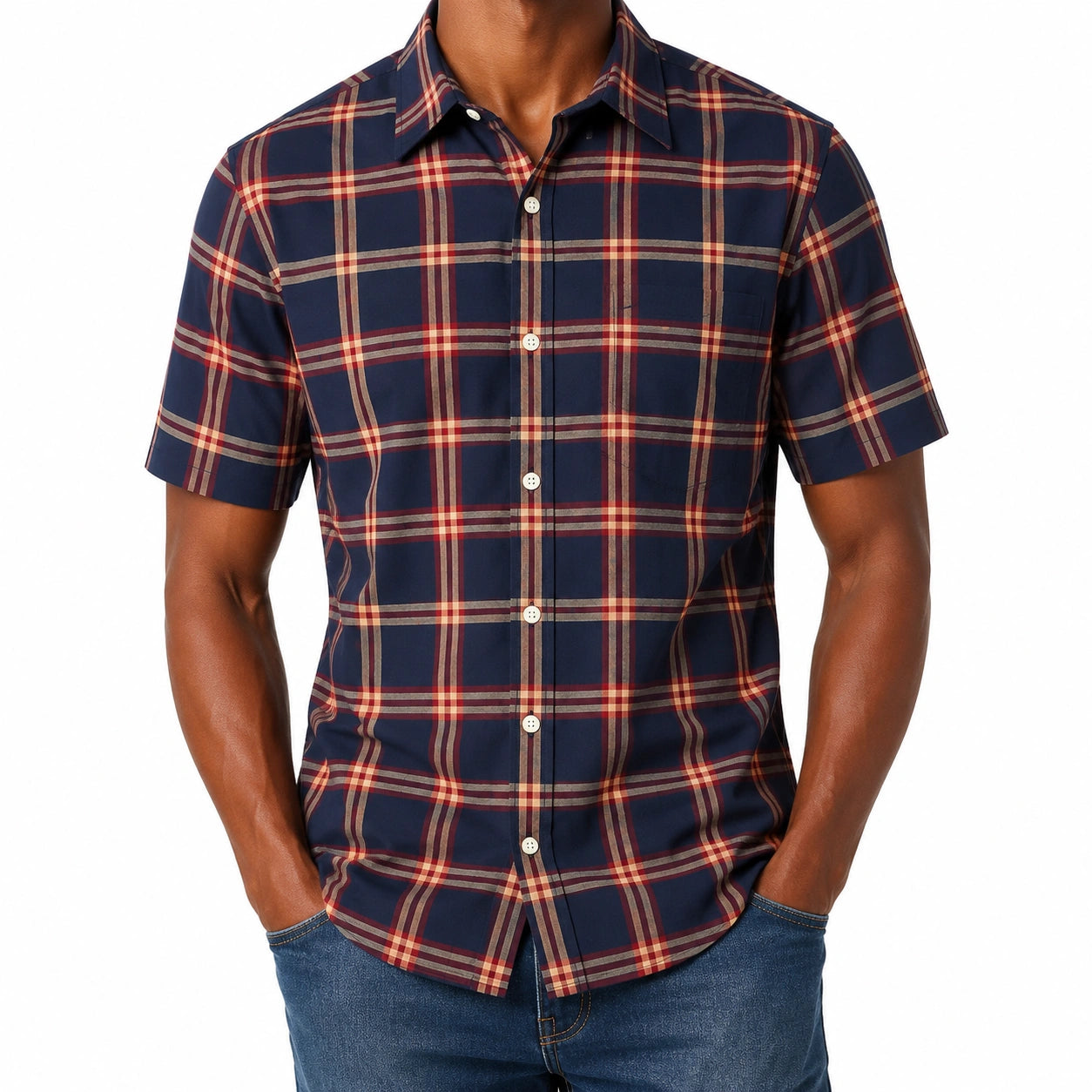 Camicia da uomo M a maniche corte in tessuto blu navy a quadri - stile casual