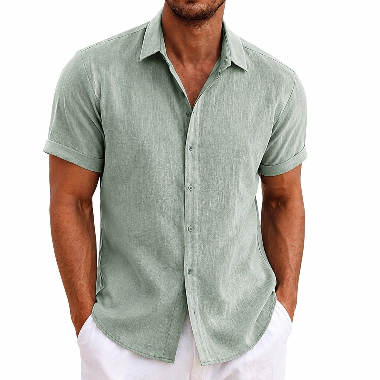 Camicia da uomo M verde salvia a maniche corte in tessuto leggero stile casual