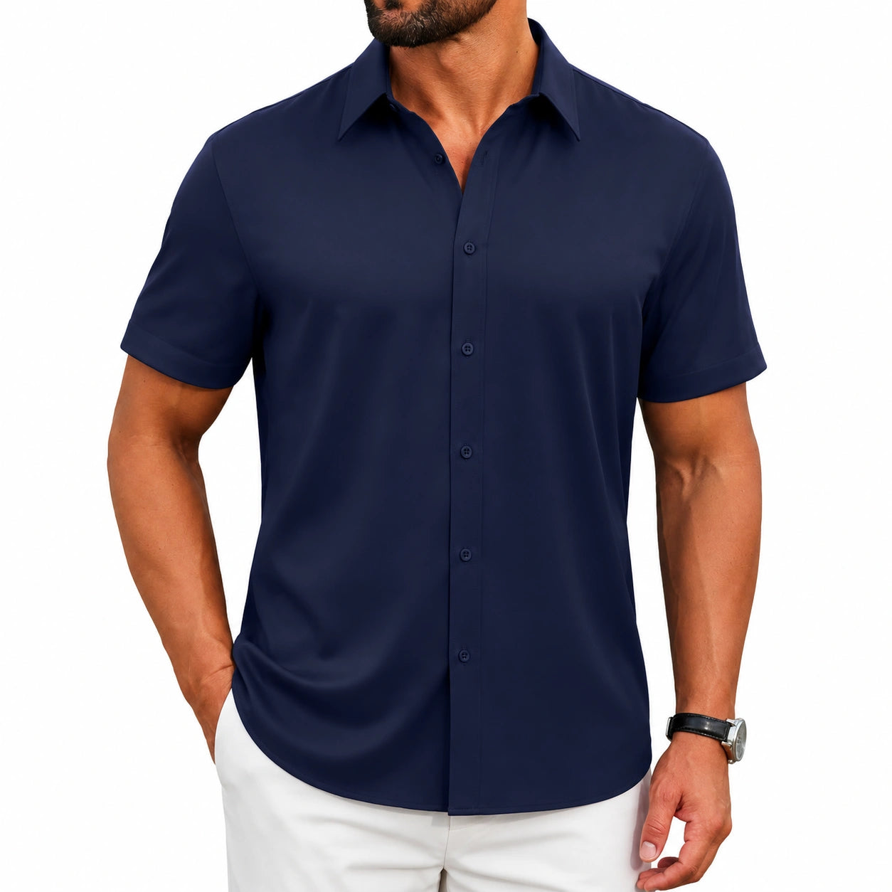 Camicia da uomo taglia L blu navy a maniche corte con colletto e bottoni