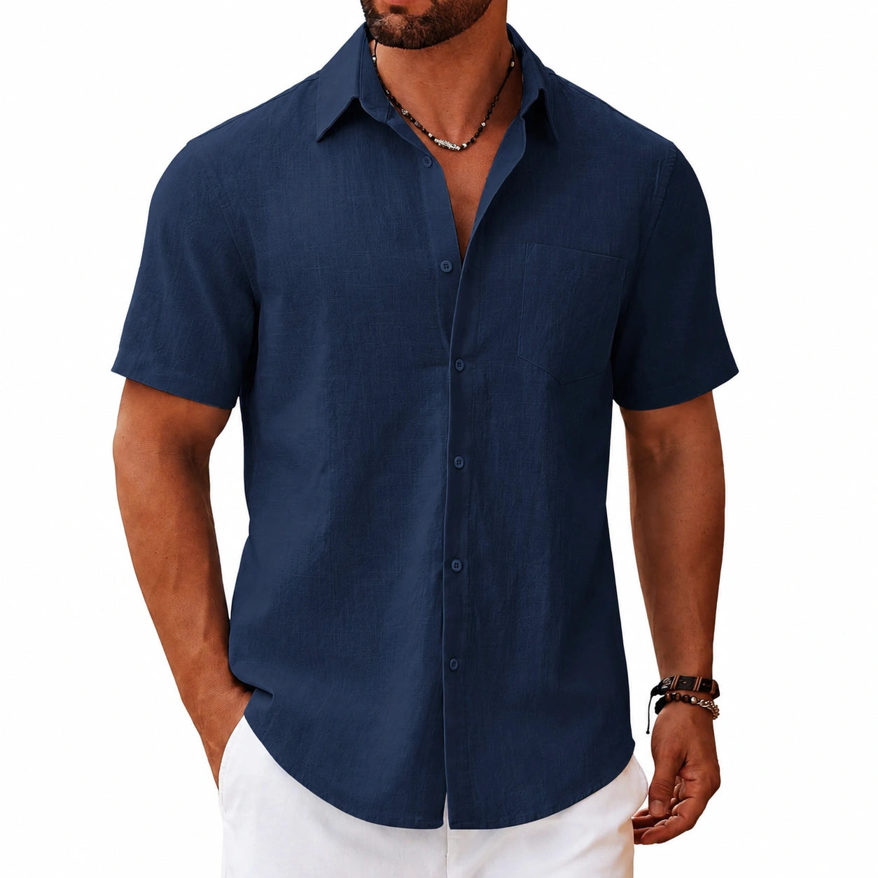 Camicia da uomo taglia L in tessuto blu navy a maniche corte per tempo libero