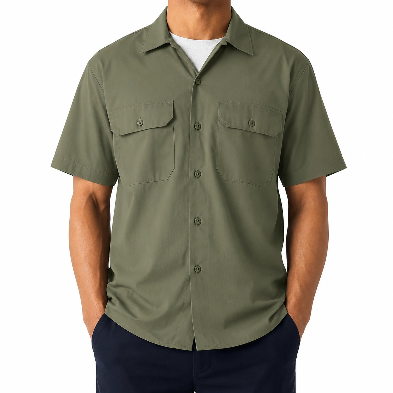 Camicia uomo taglia M in tessuto verde oliva a maniche corte stile utility