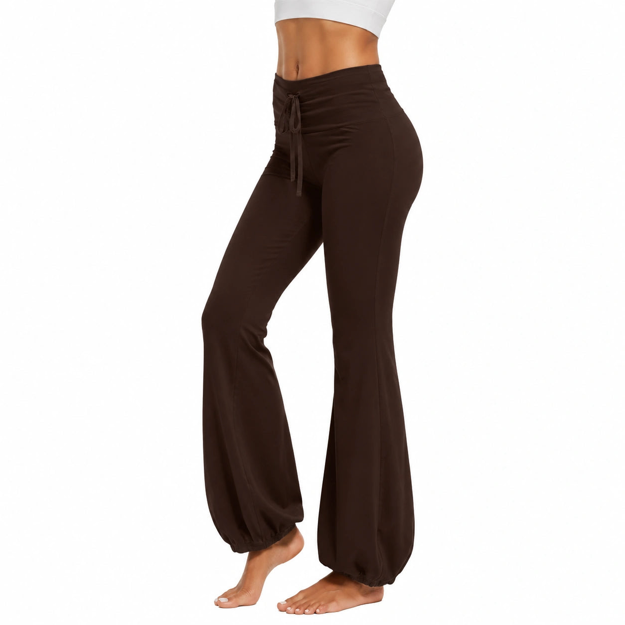 Pantaloni donna taglia S in tessuto elasticizzato marrone scuro - vita alta con coulisse