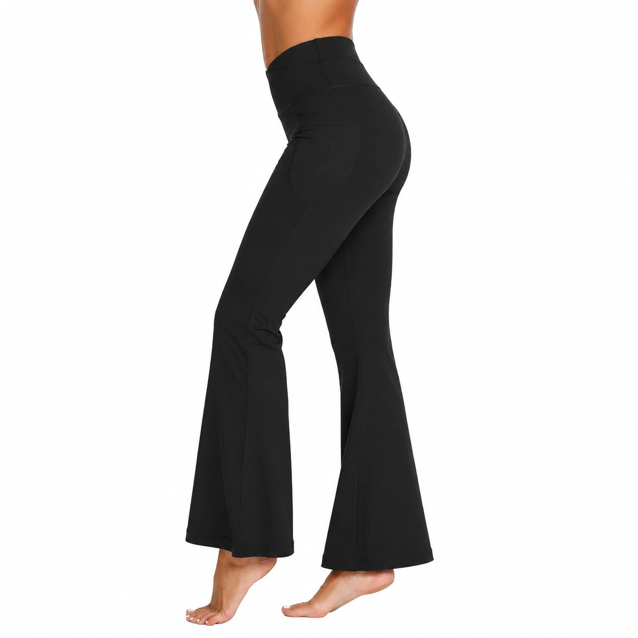 Pantaloni donna taglia S neri in tessuto elasticizzato a vita alta - gamba svasata
