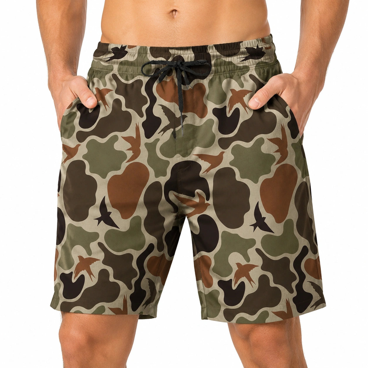 Costume da bagno uomo L mimetico verde marrone con coulisse e tasche