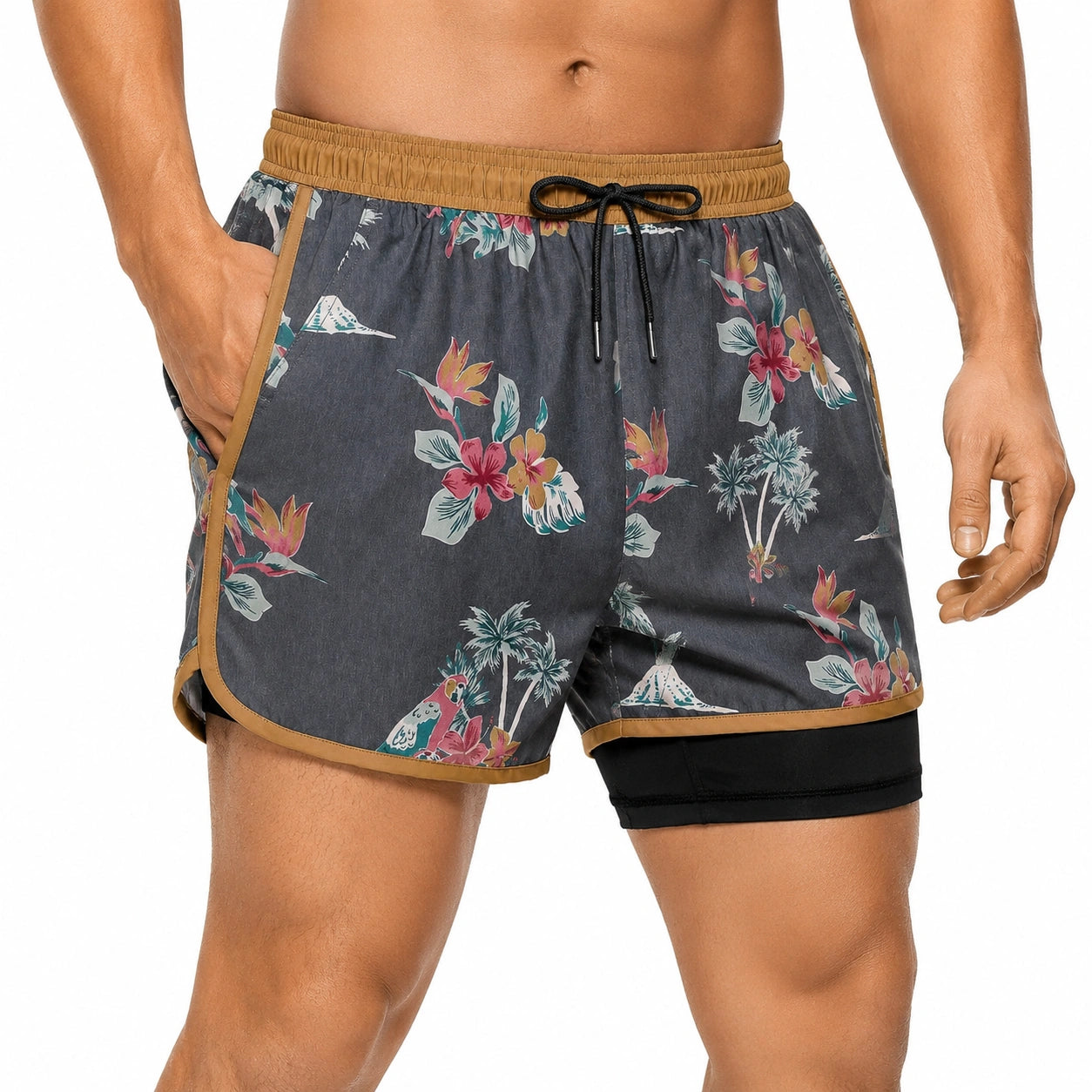 Pantaloncini da bagno uomo M in tessuto sintetico grigio con stampa floreale e fodera interna