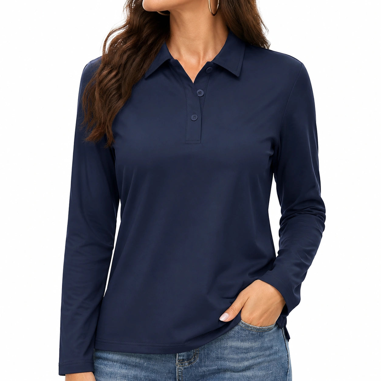 Polo da donna taglia M in tessuto blu navy a maniche lunghe stile casual