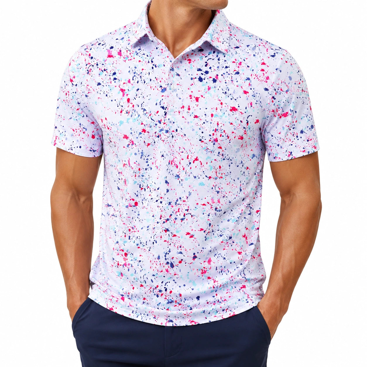 Polo uomo taglia M in tessuto bianco con stampa multicolore a maniche corte