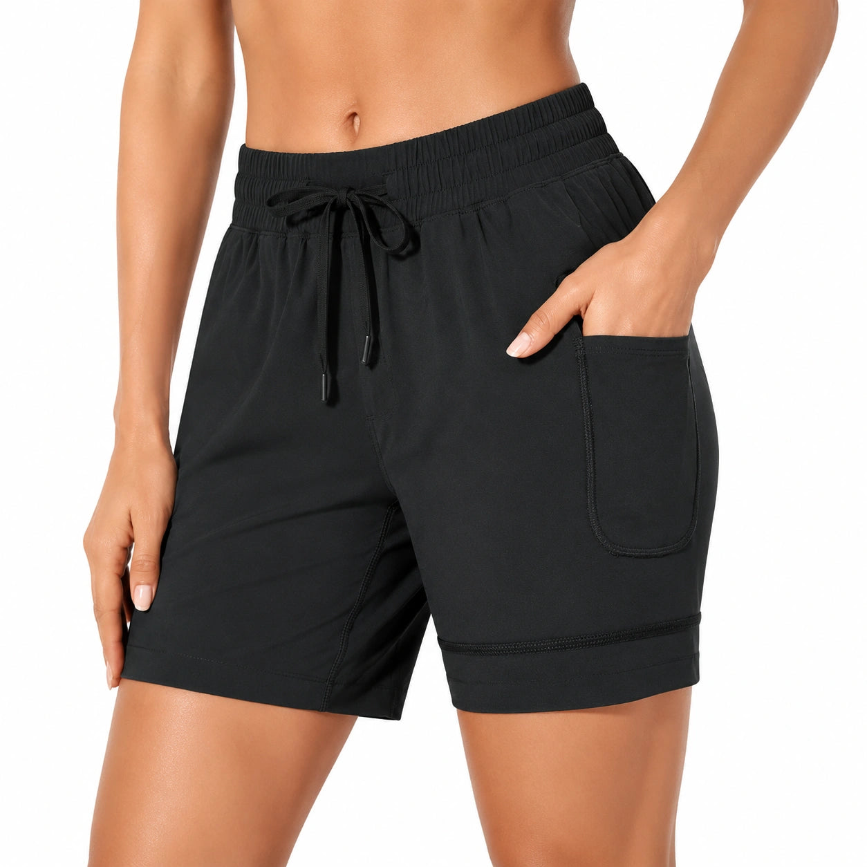 Pantaloncini donna taglia S in tessuto elasticizzato nero con tasche per attività sportiva
