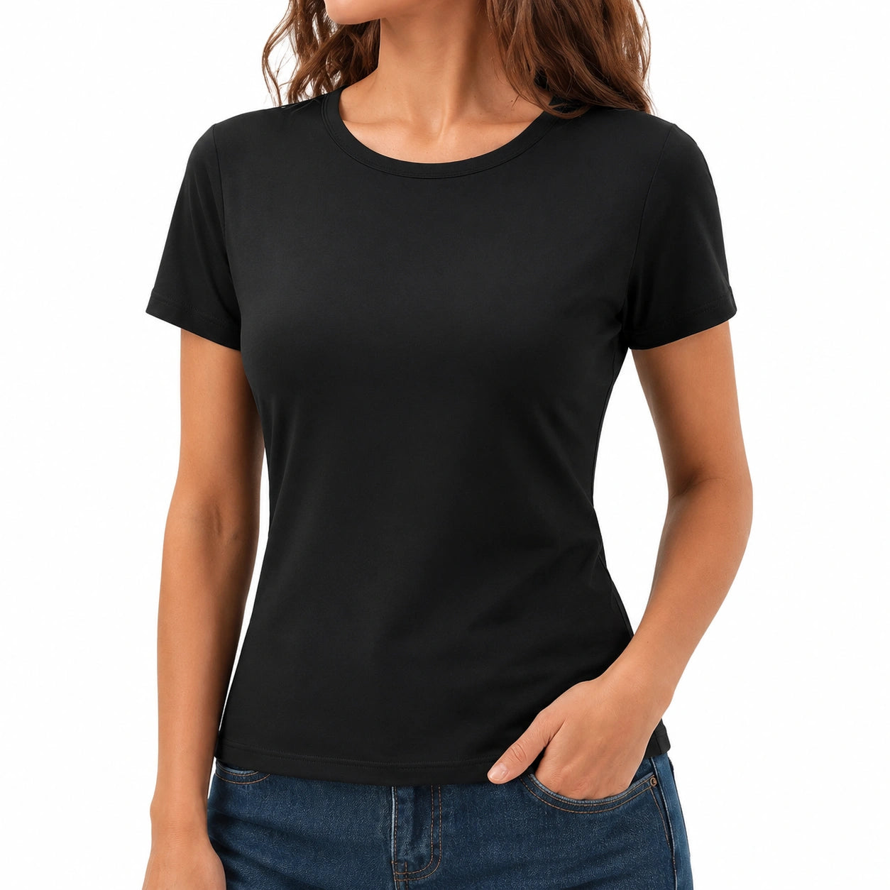 T-shirt da donna taglia M nera a maniche corte in tessuto elasticizzato stile essenziale