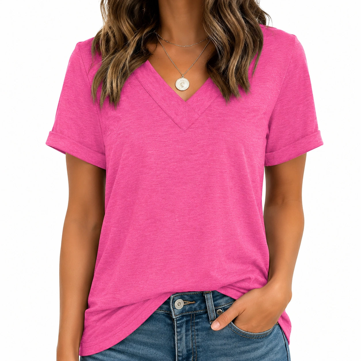 T-shirt donna taglia S rosa a manica corta in tessuto leggero con scollo a V stile casual