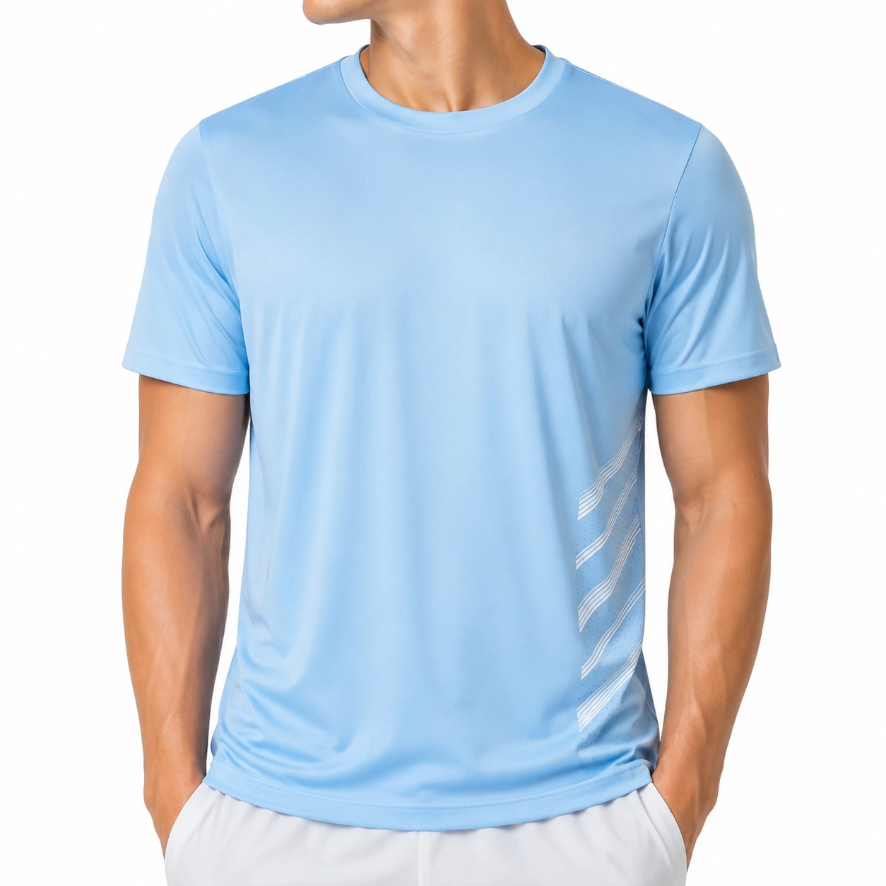 T-shirt sportiva uomo L in tessuto sintetico azzurro a manica corta con stampa laterale